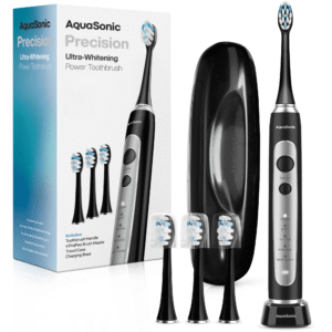 AquaSonic Precision Rechargeable Electric Toothbrush, 5 Modes, 4 Brush Heads, Travel Case, Black