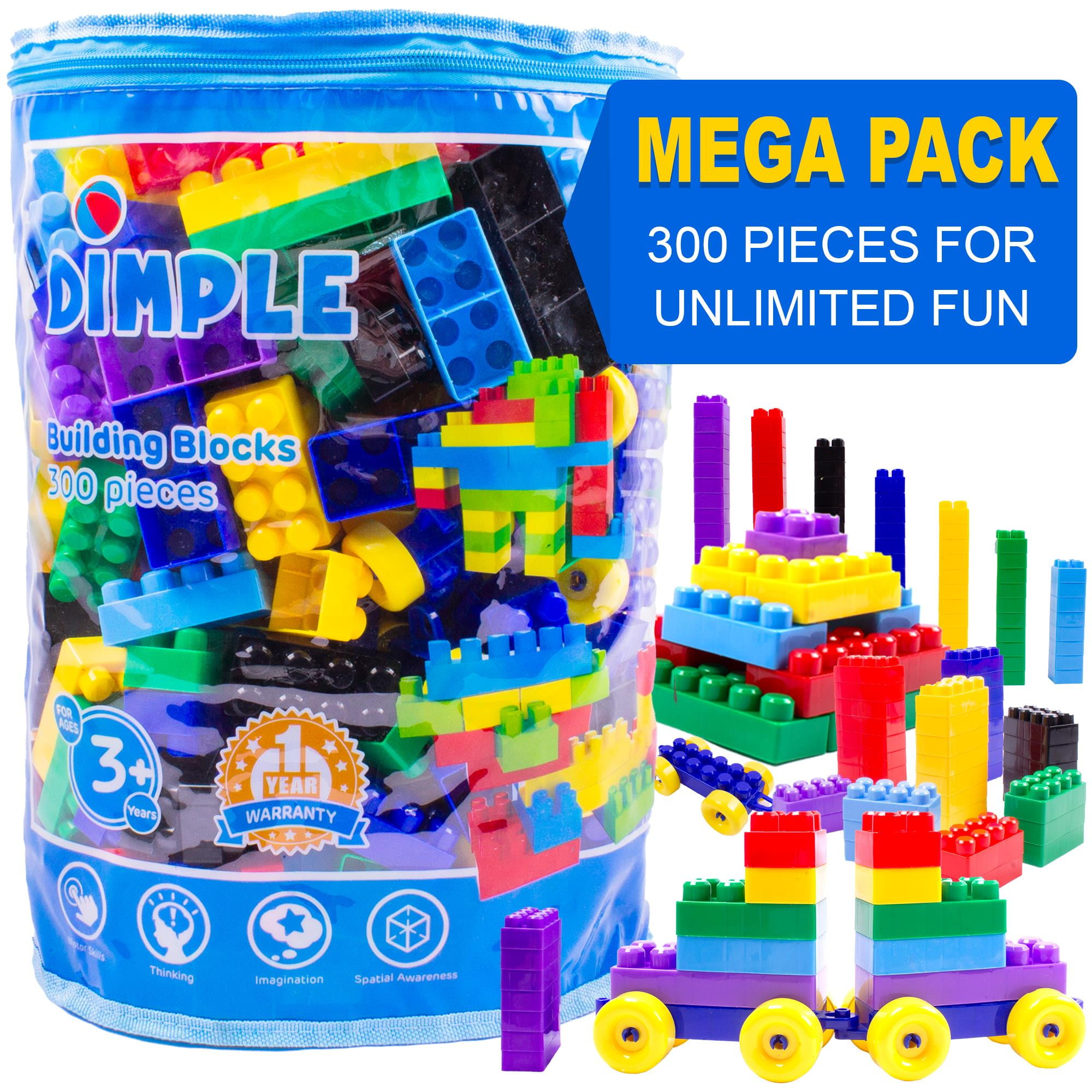 Dimple Building Block Set with Train Pieces & Carry Bag – 300-Piece Soft Plastic Kid Friendly Jumbo Blocks for Toddlers Ages 3–8