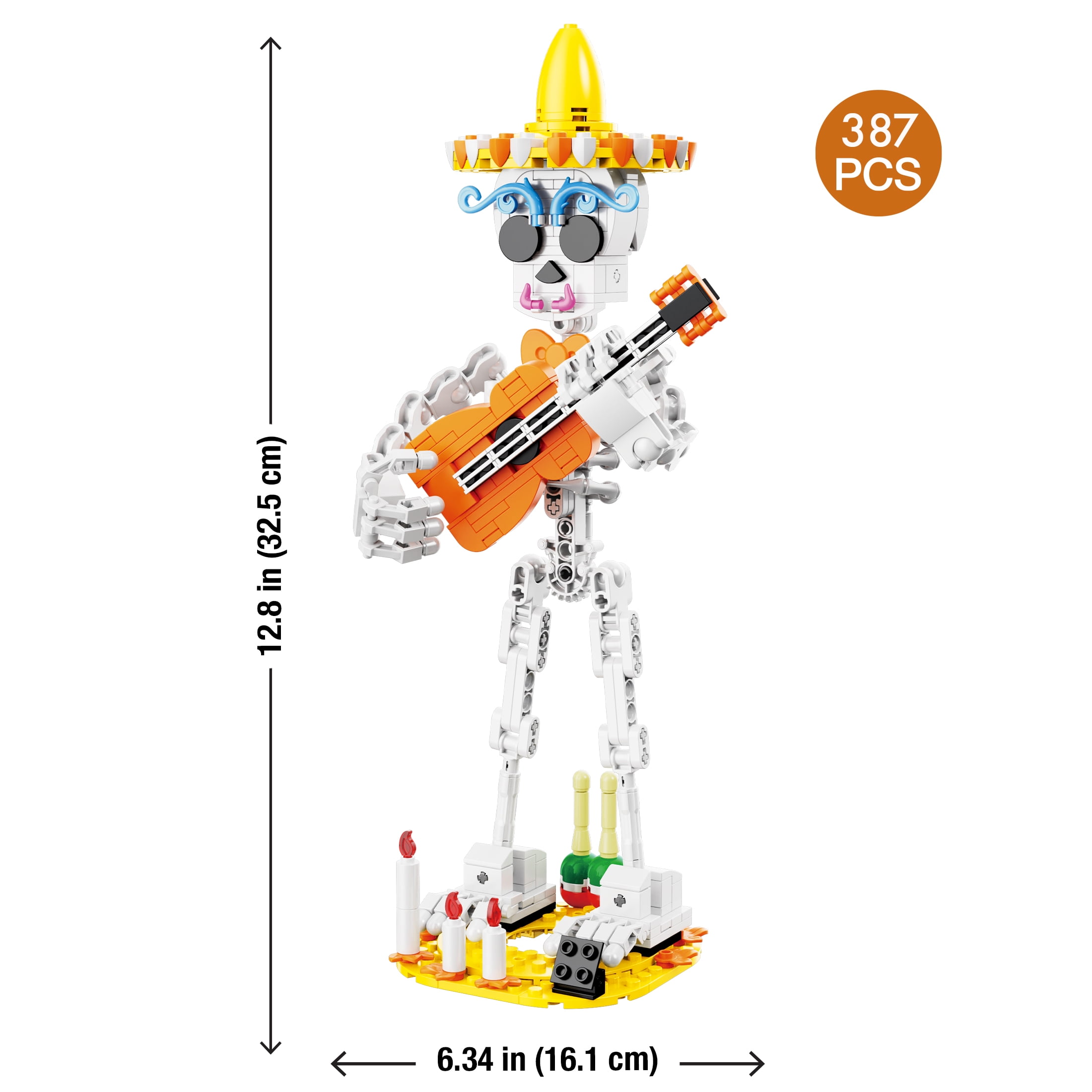Brickcraft Harvest Skelton Building Kit (387-Piece Set), Bricktanicals Posable Skeleton with Guitar and Maracas, Festive Display Ages 8+ - Image 3