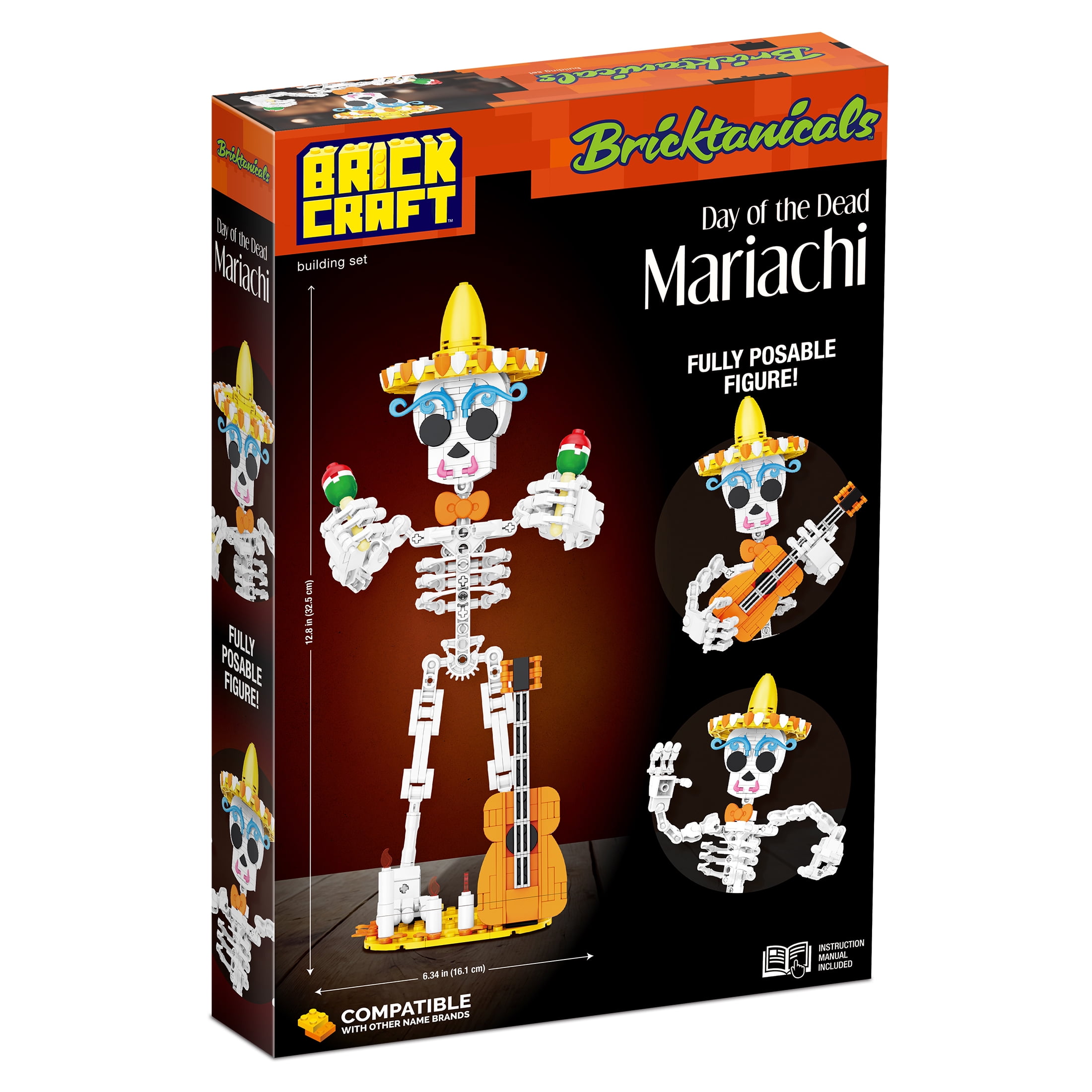 Brickcraft Harvest Skelton Building Kit (387-Piece Set), Bricktanicals Posable Skeleton with Guitar and Maracas, Festive Display Ages 8+ - Image 5