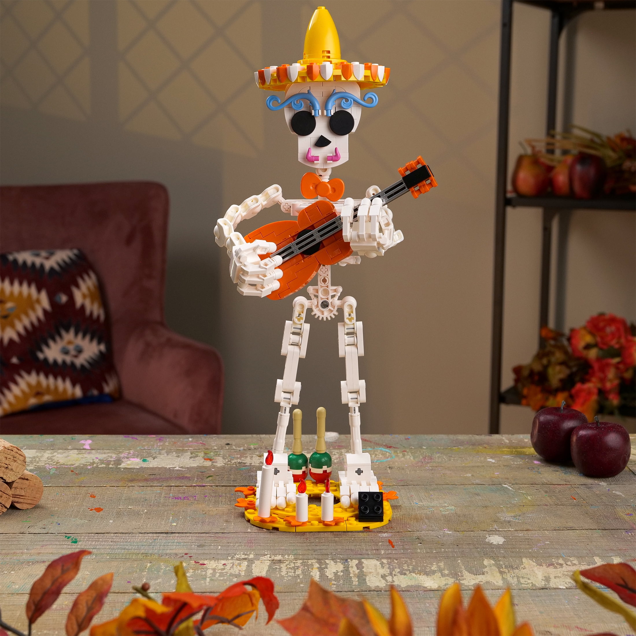 Brickcraft Harvest Skelton Building Kit (387-Piece Set), Bricktanicals Posable Skeleton with Guitar and Maracas, Festive Display Ages 8+ - Image 7