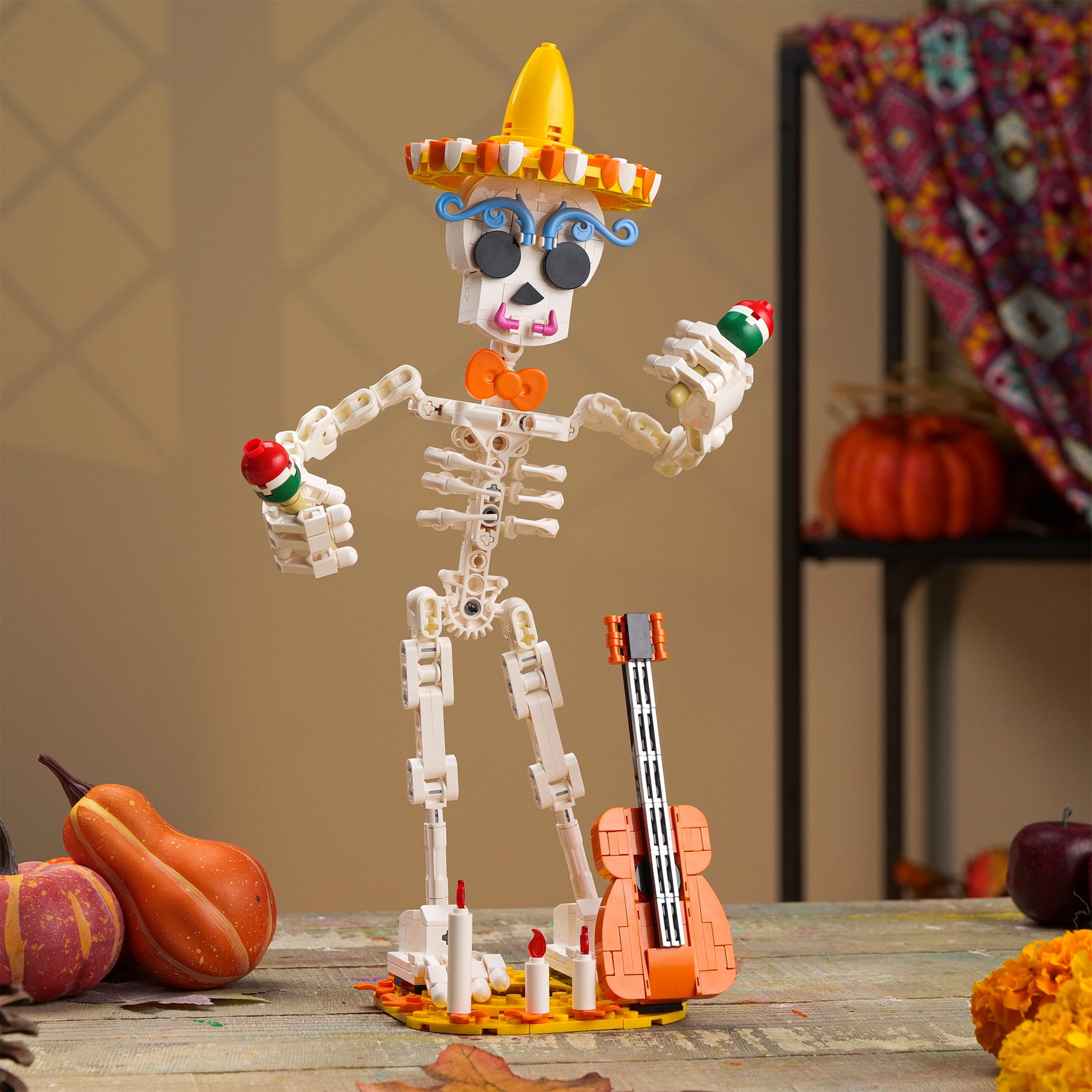 Brickcraft Harvest Skelton Building Kit (387-Piece Set), Bricktanicals Posable Skeleton with Guitar and Maracas, Festive Display Ages 8+ - Image 8