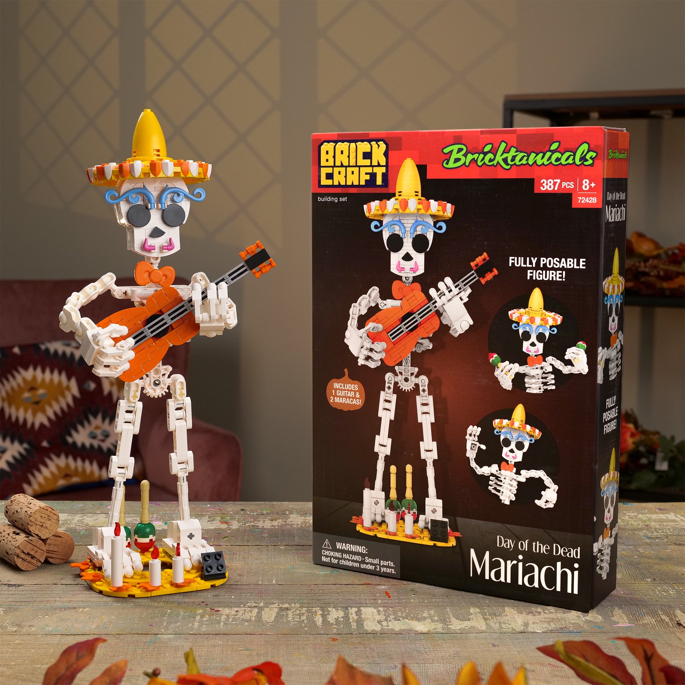 Brickcraft Harvest Skelton Building Kit (387-Piece Set), Bricktanicals Posable Skeleton with Guitar and Maracas, Festive Display Ages 8+ - Image 9