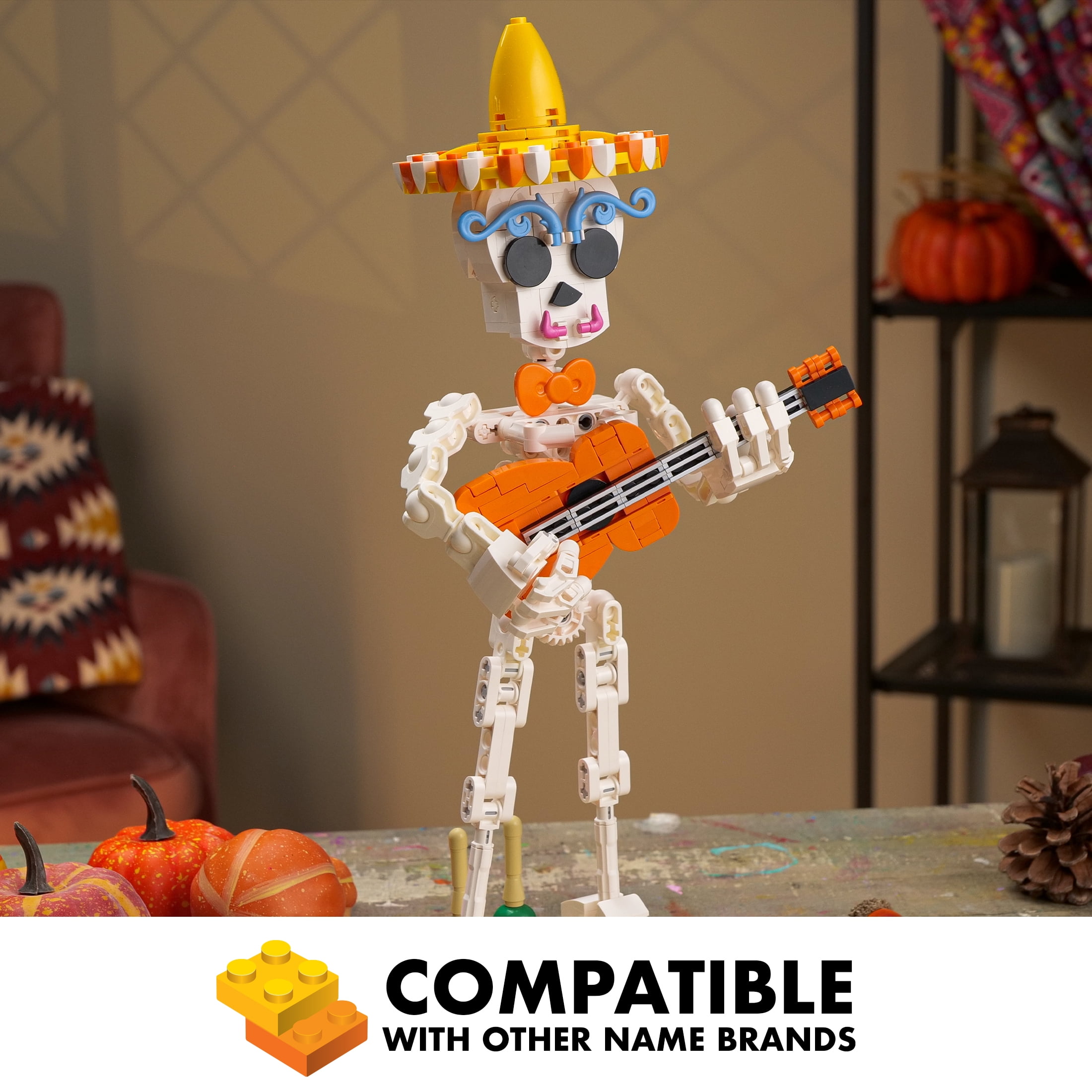 Brickcraft Harvest Skelton Building Kit (387-Piece Set), Bricktanicals Posable Skeleton with Guitar and Maracas, Festive Display Ages 8+ - Image 11