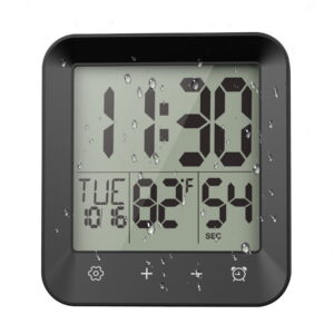 Shower Timer Waterproof Bathroom Clock , Digital Kitchen Wall Clock with Countdown, Temperature, Suction Cup Hanging Hole, Black