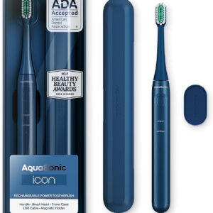 AquaSonic Icon Slim Electric Toothbrush - For Adults and Kids, Magnetic Holder, Travel Case, Rechargeable (Navy)