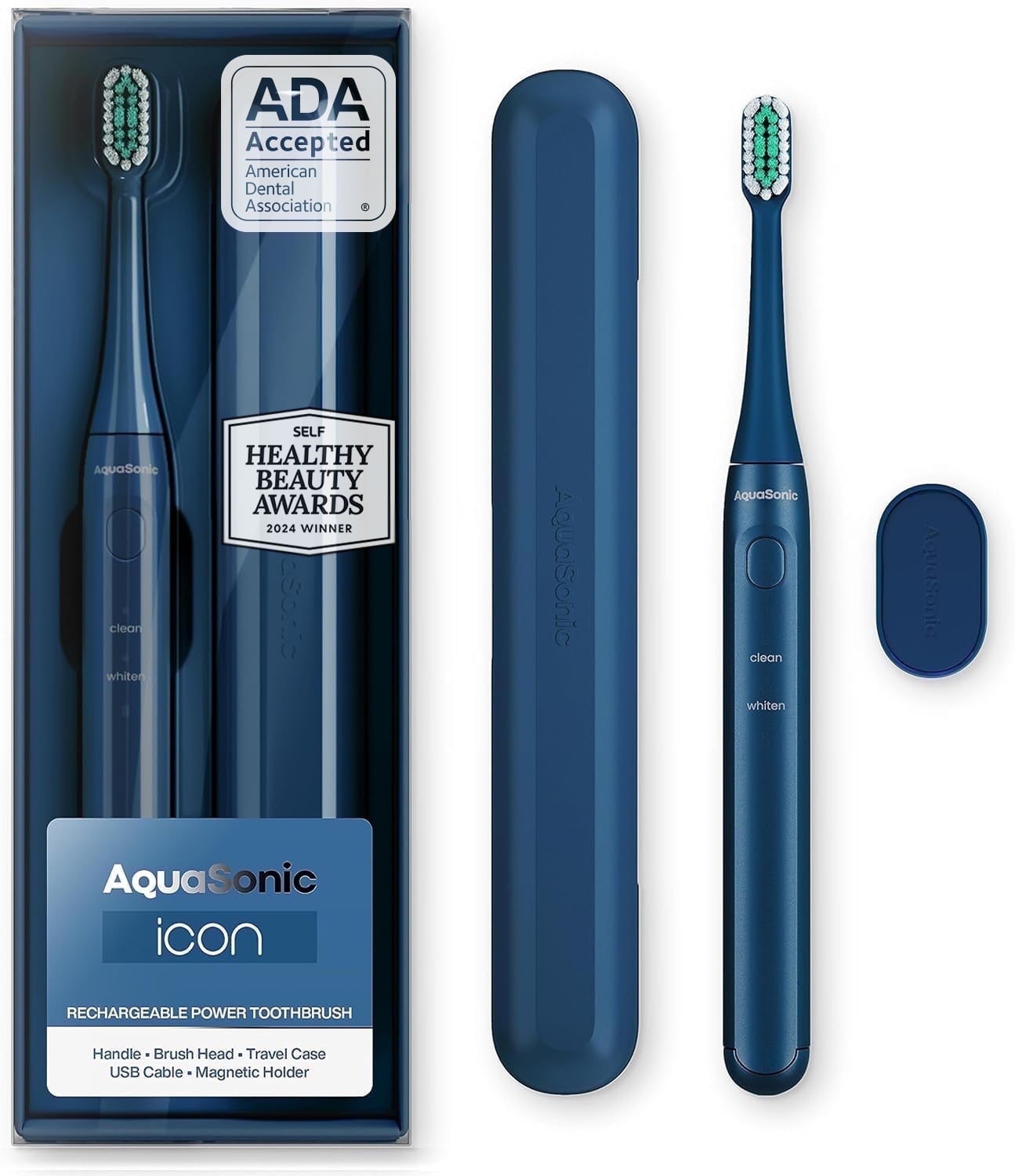 AquaSonic Icon Slim Electric Toothbrush - For Adults and Kids, Magnetic Holder, Travel Case, Rechargeable (Navy)