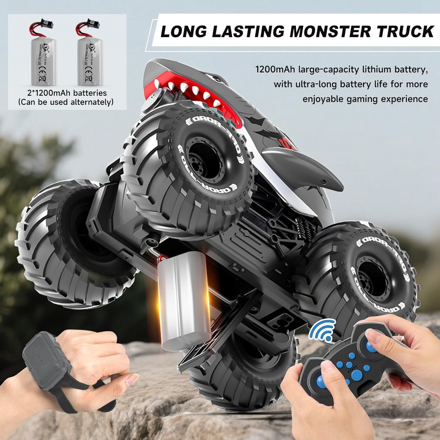 Adofi Amphibious Remote Control Car, 4WD All-Terrain Off-Road Water Toys, 2.4GHz Shooting Waterproof RC Monster Truck, Toys for Boys 3 6 Years - Gray - Image 8