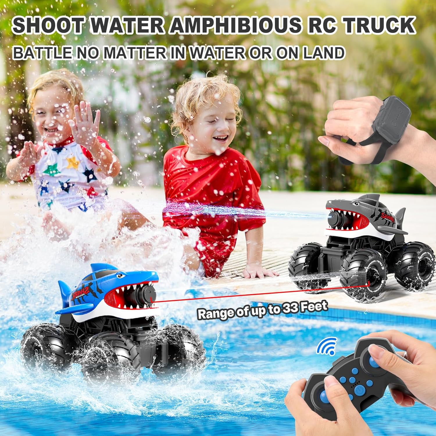 Adofi Amphibious Remote Control Car, 4WD All-Terrain Off-Road Water Toys, 2.4GHz Shooting Waterproof RC Monster Truck, Toys for Boys 3 6 Years - Gray - Image 9