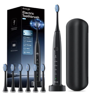OasiSmile Sonic Electric Toothbrush Set for Adults with Travel Case, 6 Brush Heads, 100-Day Battery Life, 5 Modes 42000 VPM Rechargeable Power Toothbrush, Black