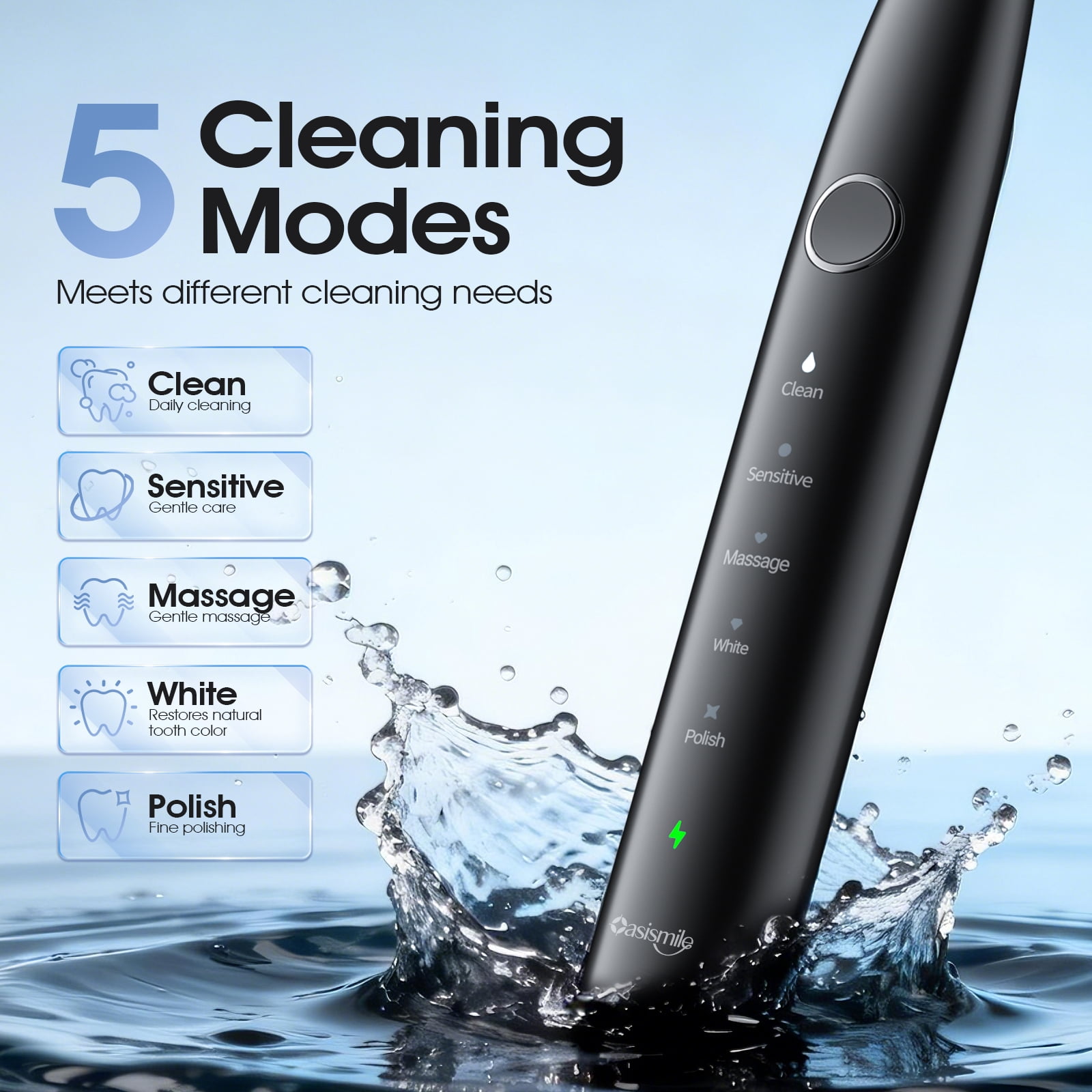 OasiSmile Sonic Electric Toothbrush Set for Adults with Travel Case, 6 Brush Heads, 100-Day Battery Life, 5 Modes 42000 VPM Rechargeable Power Toothbrush, Black - Image 3