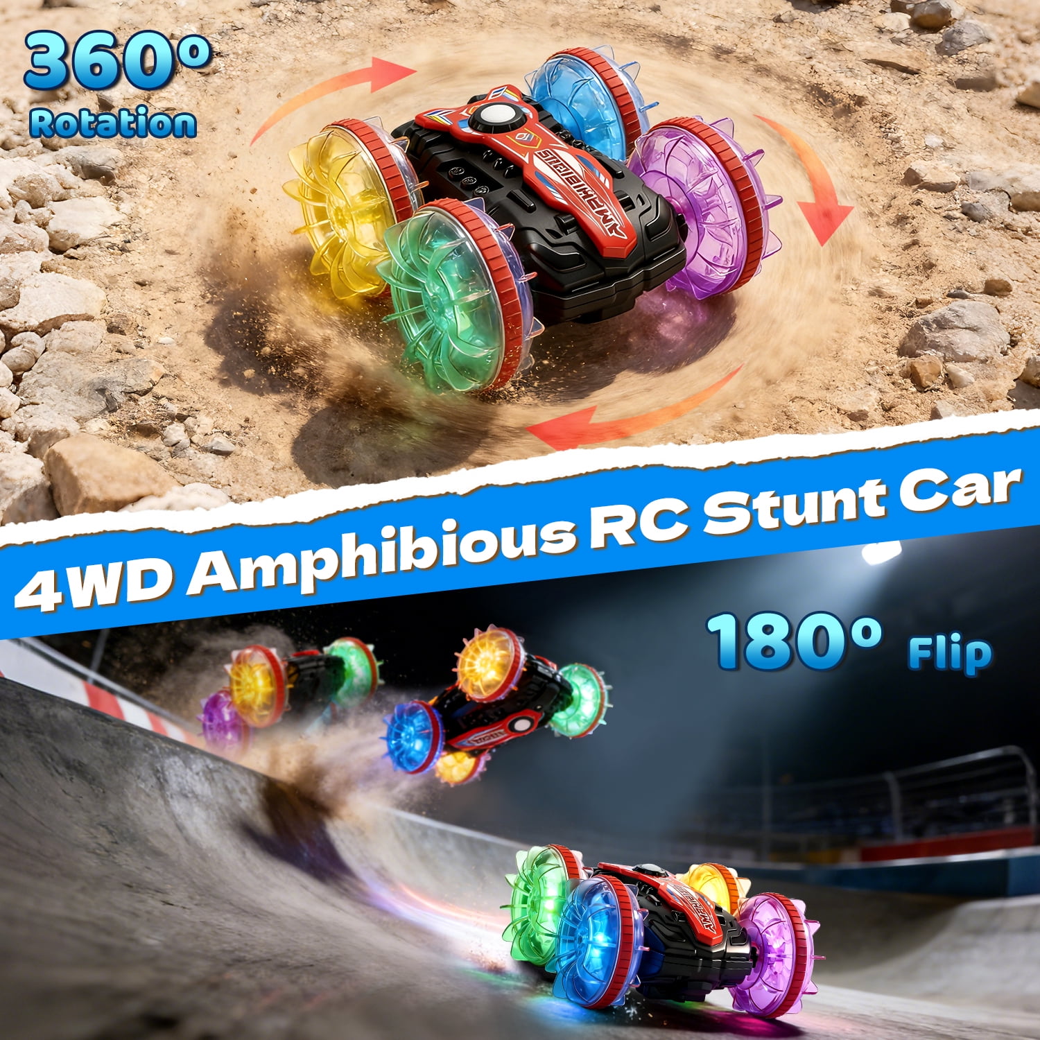 JoyStone Amphibious Remote Control Car Boat with LED Lights, 4WD RC Stunt Car Toy for Boys Girls, Water Beach Pool Toys for Kids Ages 8-12, Red - Image 2