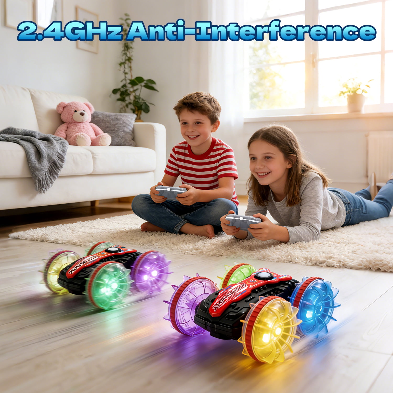 JoyStone Amphibious Remote Control Car Boat with LED Lights, 4WD RC Stunt Car Toy for Boys Girls, Water Beach Pool Toys for Kids Ages 8-12, Red - Image 3