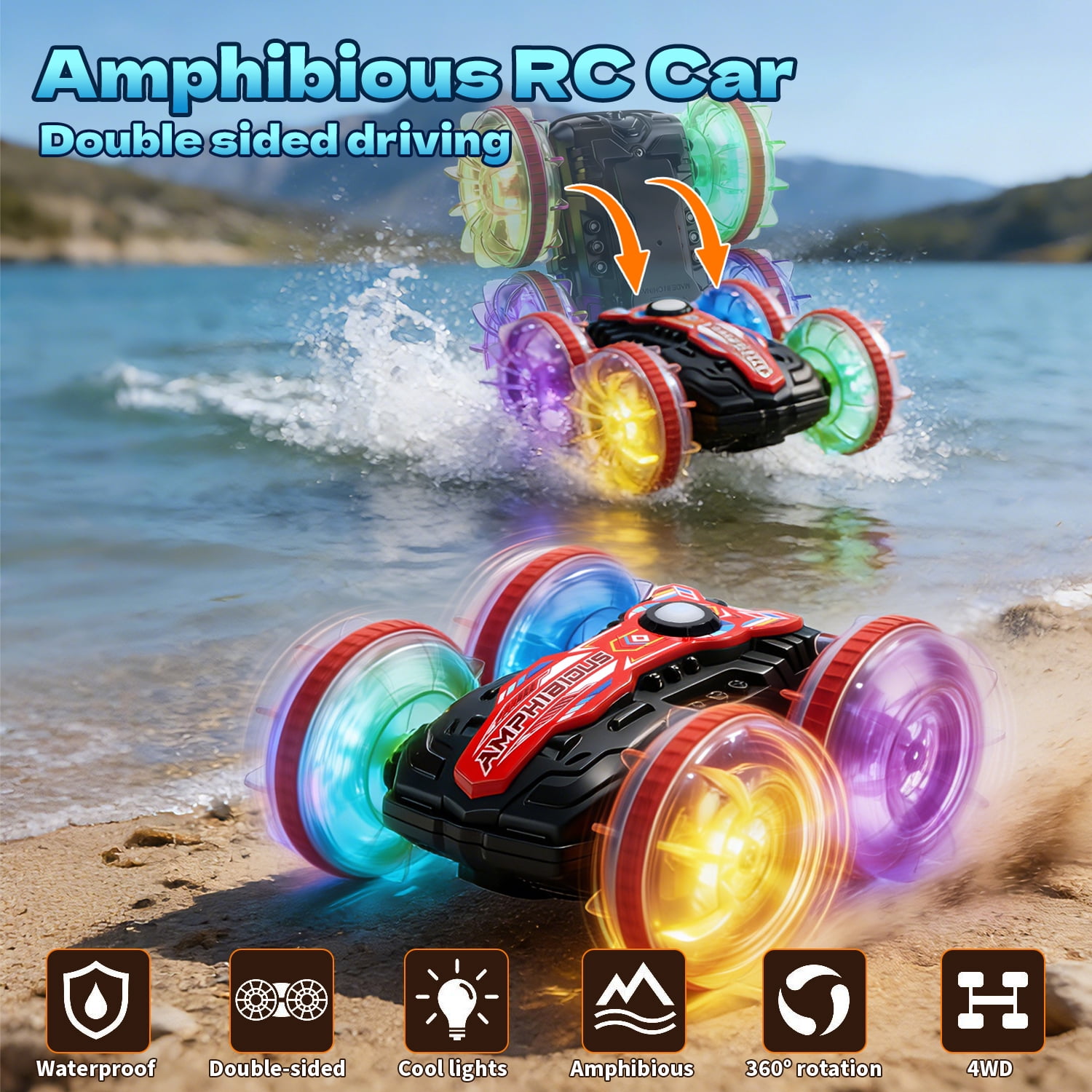 JoyStone Amphibious Remote Control Car Boat with LED Lights, 4WD RC Stunt Car Toy for Boys Girls, Water Beach Pool Toys for Kids Ages 8-12, Red - Image 4
