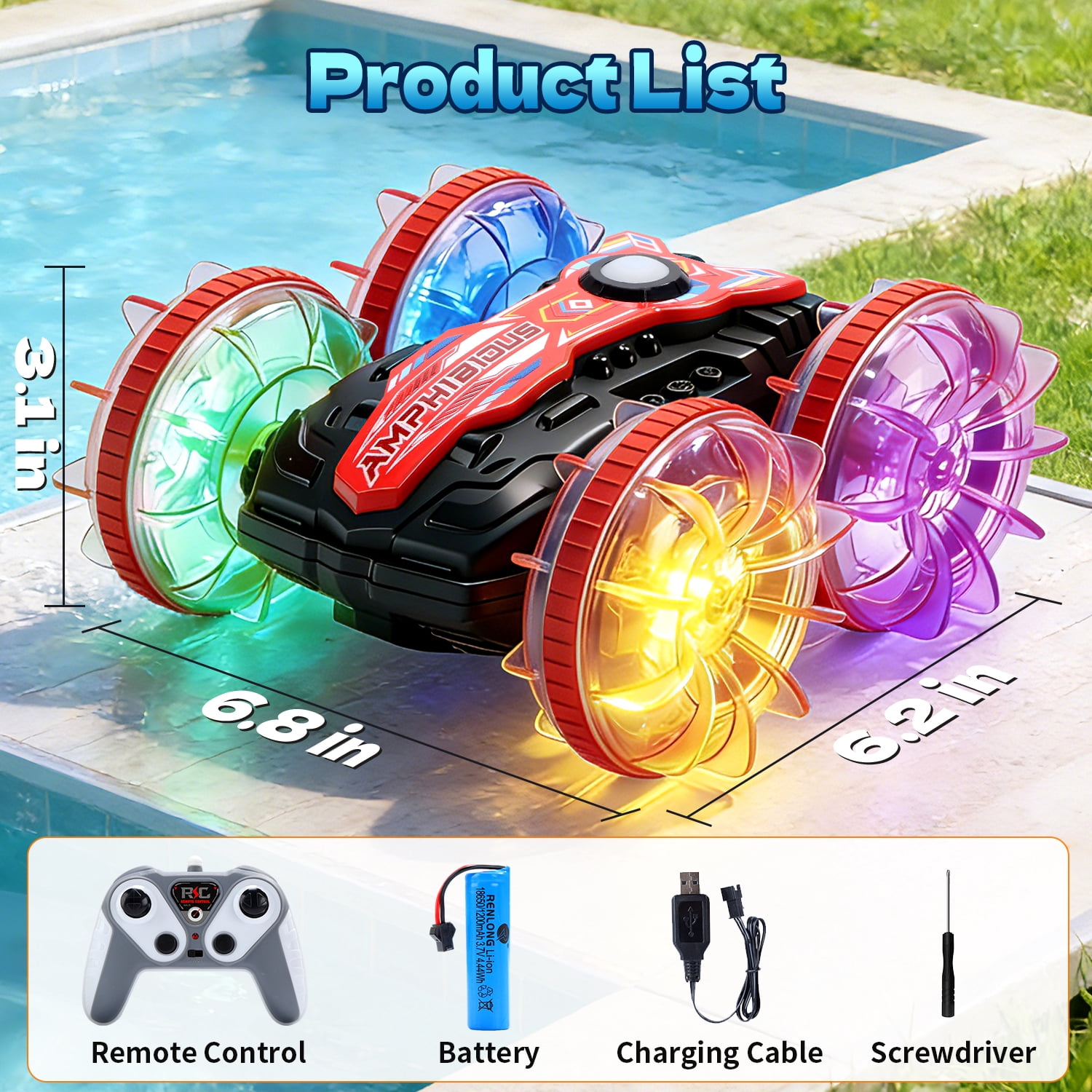 JoyStone Amphibious Remote Control Car Boat with LED Lights, 4WD RC Stunt Car Toy for Boys Girls, Water Beach Pool Toys for Kids Ages 8-12, Red - Image 6