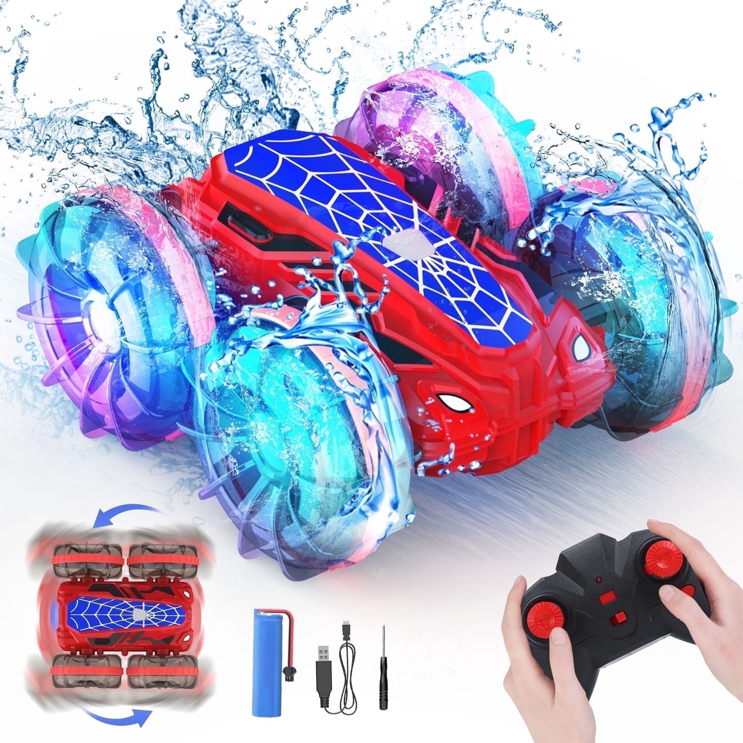JoyStone Amphibious Remote Control Car Boat with LED Lights, 4WD RC Stunt Car Toy for Boys Girls, Water Beach Pool Toys for Kids Ages 8-12, Red - Image 13