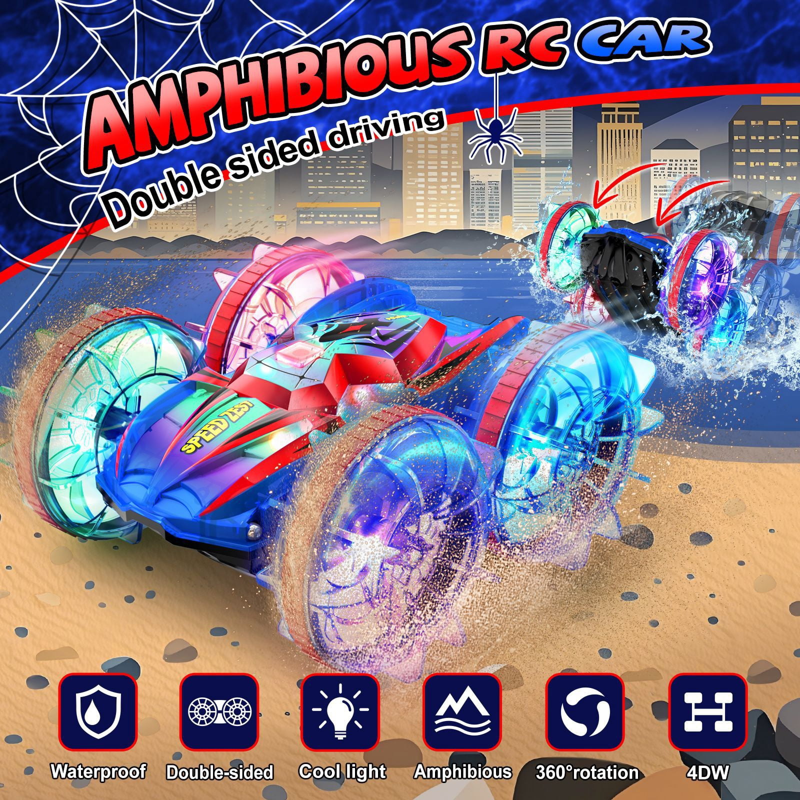 JoyStone Amphibious Remote Control Car Boat with LED Lights, 4WD RC Stunt Car Toy for Boys Girls, Water Beach Pool Toys for Kids Ages 8-12, Red - Image 16