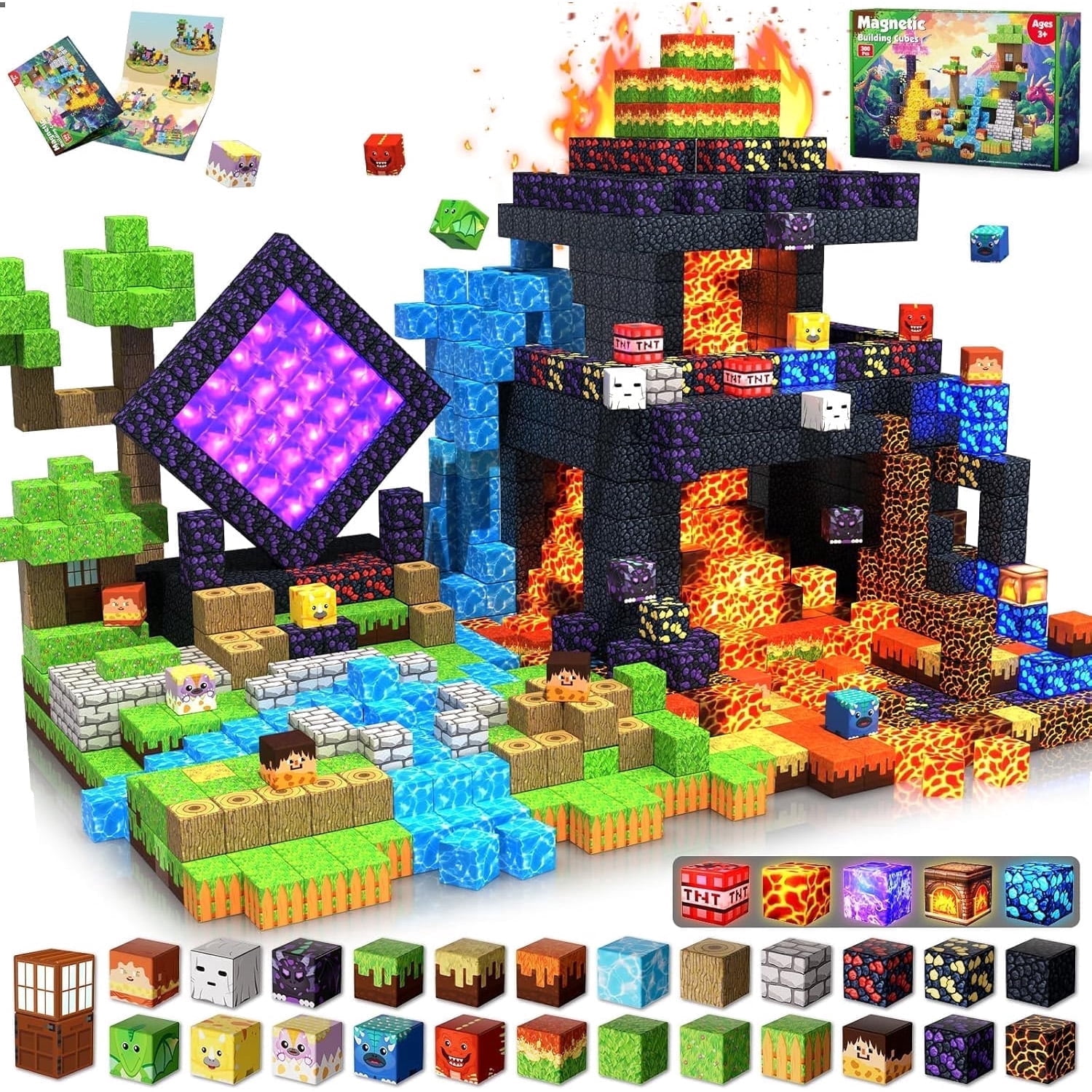 Annexfun Magnetic Blocks - 300 Pcs with Light Up Blocks Dinosaur Volcano Forest Castle Set - Kids Classroom Toy for Toddlers STEM, Construction Stacking Toy Kids 3+ Birthday Gifts