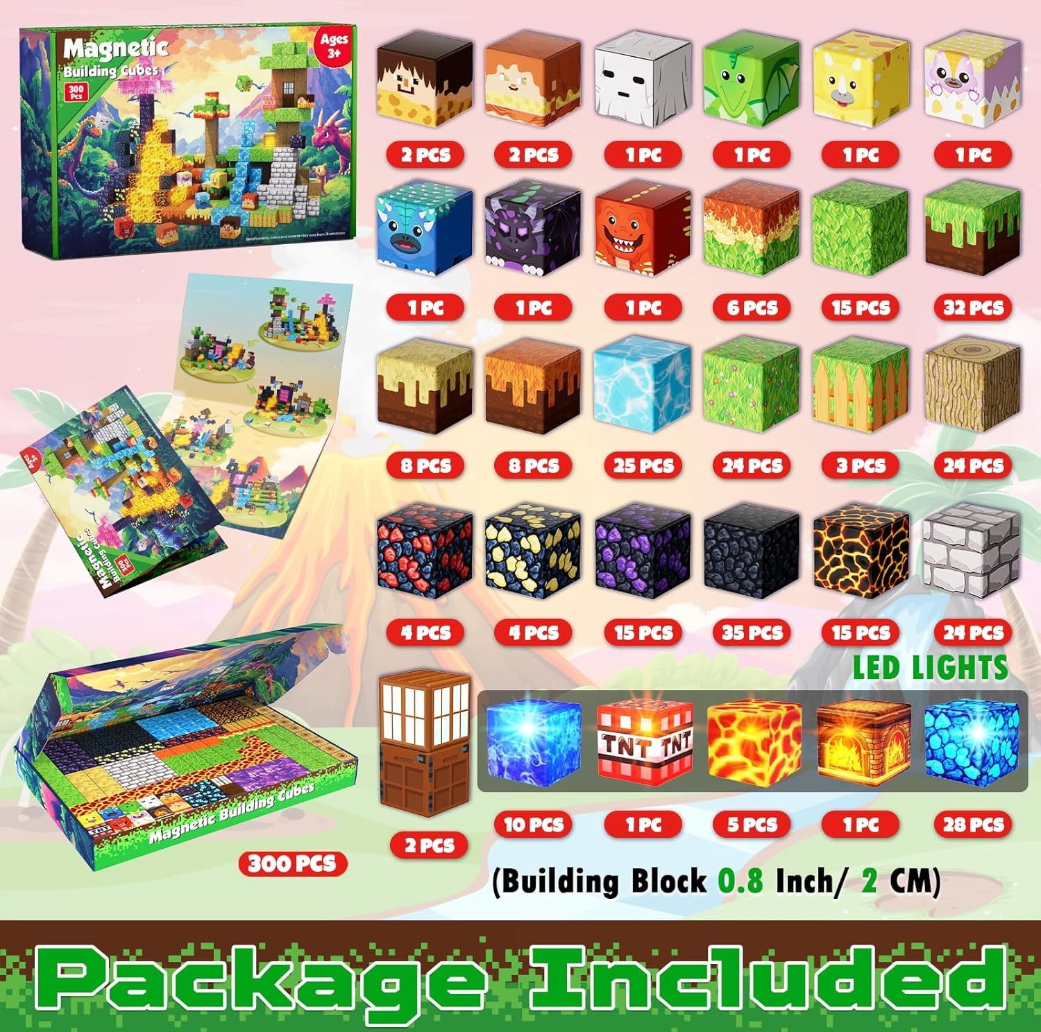 Annexfun Magnetic Blocks - 300 Pcs with Light Up Blocks Dinosaur Volcano Forest Castle Set - Kids Classroom Toy for Toddlers STEM, Construction Stacking Toy Kids 3+ Birthday Gifts - Image 2