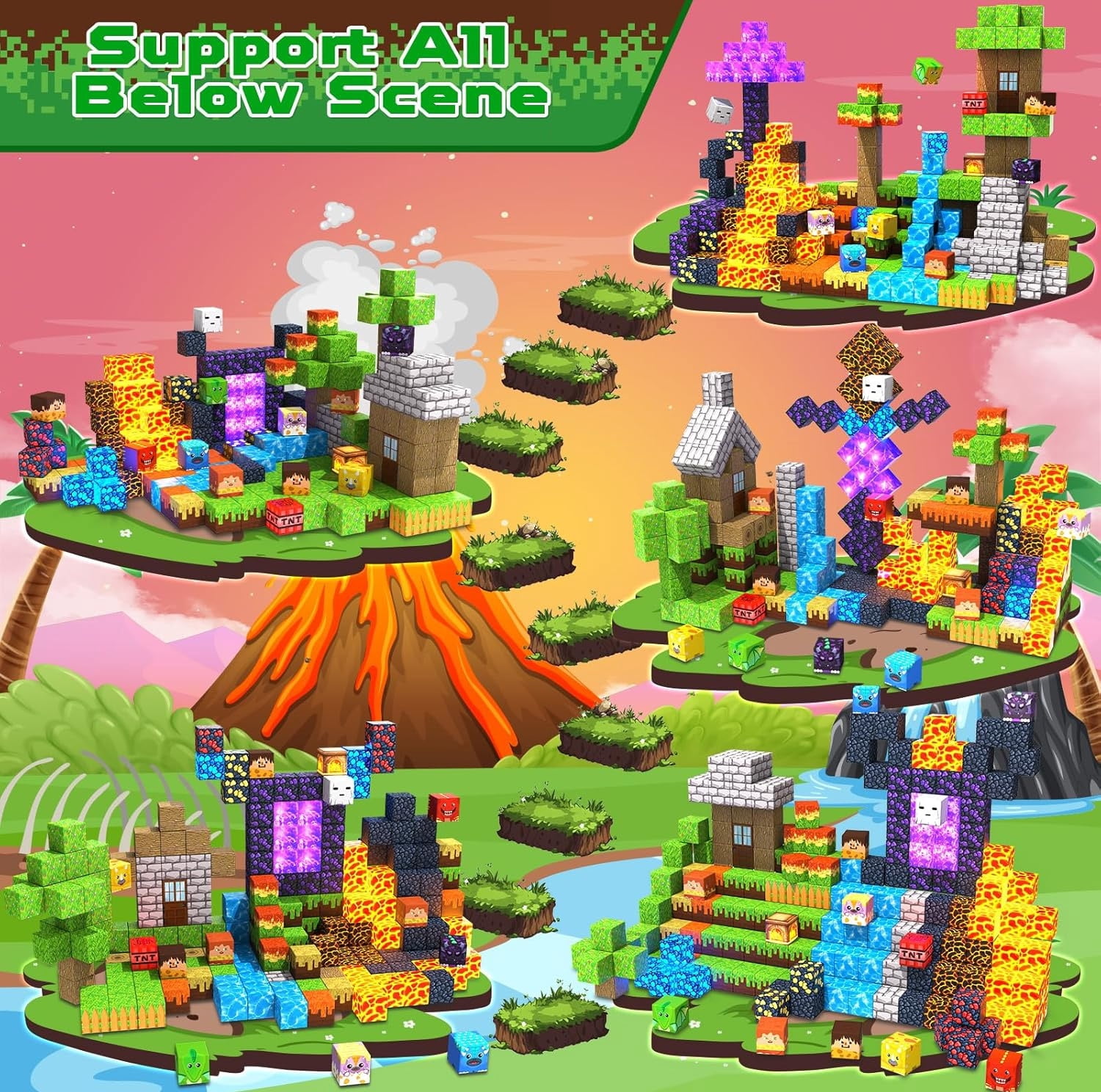 Annexfun Magnetic Blocks - 300 Pcs with Light Up Blocks Dinosaur Volcano Forest Castle Set - Kids Classroom Toy for Toddlers STEM, Construction Stacking Toy Kids 3+ Birthday Gifts - Image 3