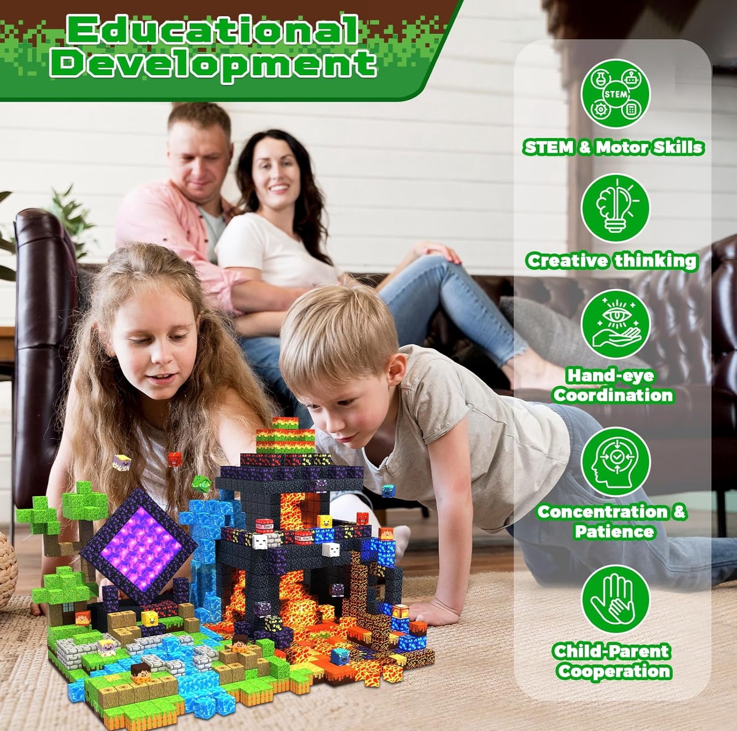 Annexfun Magnetic Blocks - 300 Pcs with Light Up Blocks Dinosaur Volcano Forest Castle Set - Kids Classroom Toy for Toddlers STEM, Construction Stacking Toy Kids 3+ Birthday Gifts - Image 6